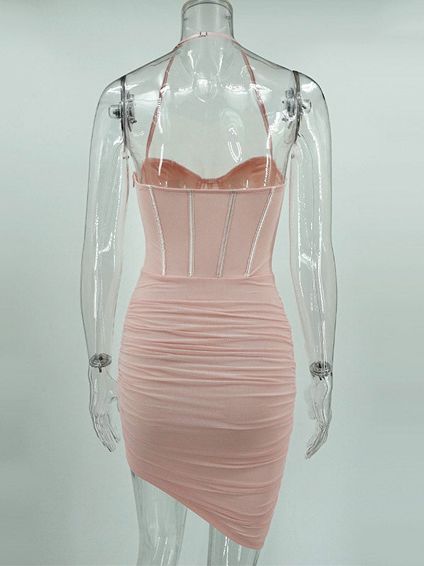 Party Dress Mini Pink Straps Neck Sleeveless Shaping Sexy Semi Formal Dress