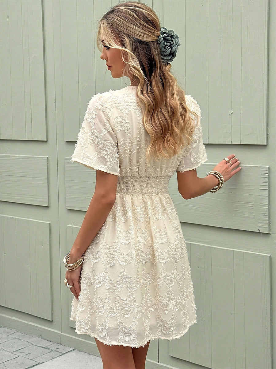 Date Night Dresses Light Apricot 3D Feather Texture V Neck Ruffle Sleeve Elastic Waist Loose Summer Mini Dress