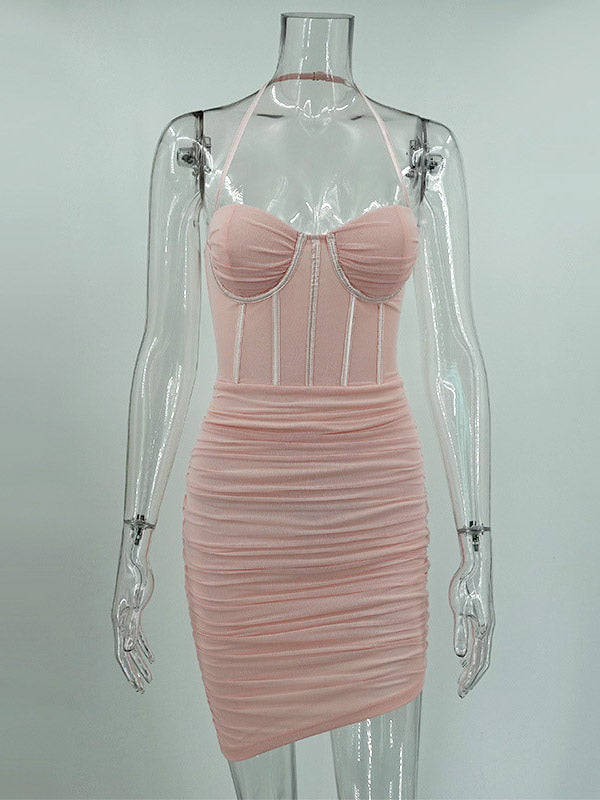Party Dress Mini Pink Straps Neck Sleeveless Shaping Sexy Semi Formal Dress