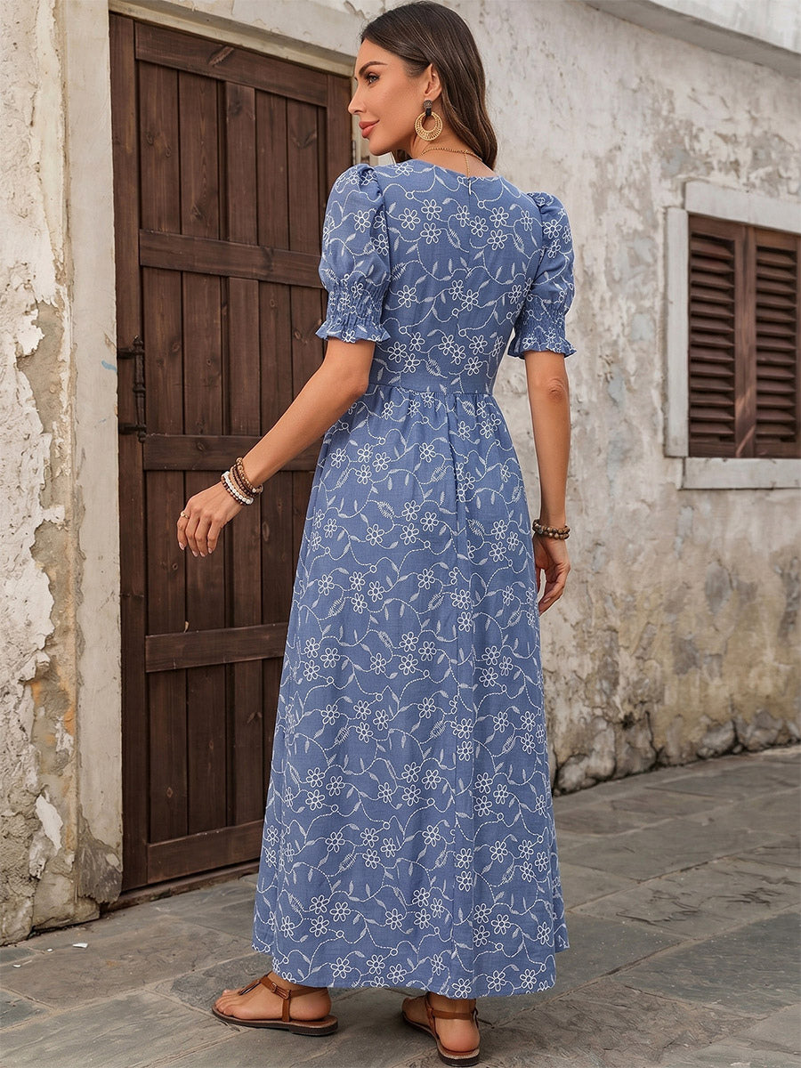 Vacation Sundress Dark Blue Tiny Floral Square Neck Long Puff Sleeve Elastic Waist Flowy Maxi Summer Casual Dress