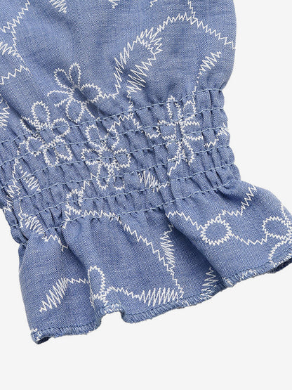 Vacation Sundress Dark Blue Tiny Floral Square Neck Long Puff Sleeve Elastic Waist Flowy Maxi Summer Casual Dress
