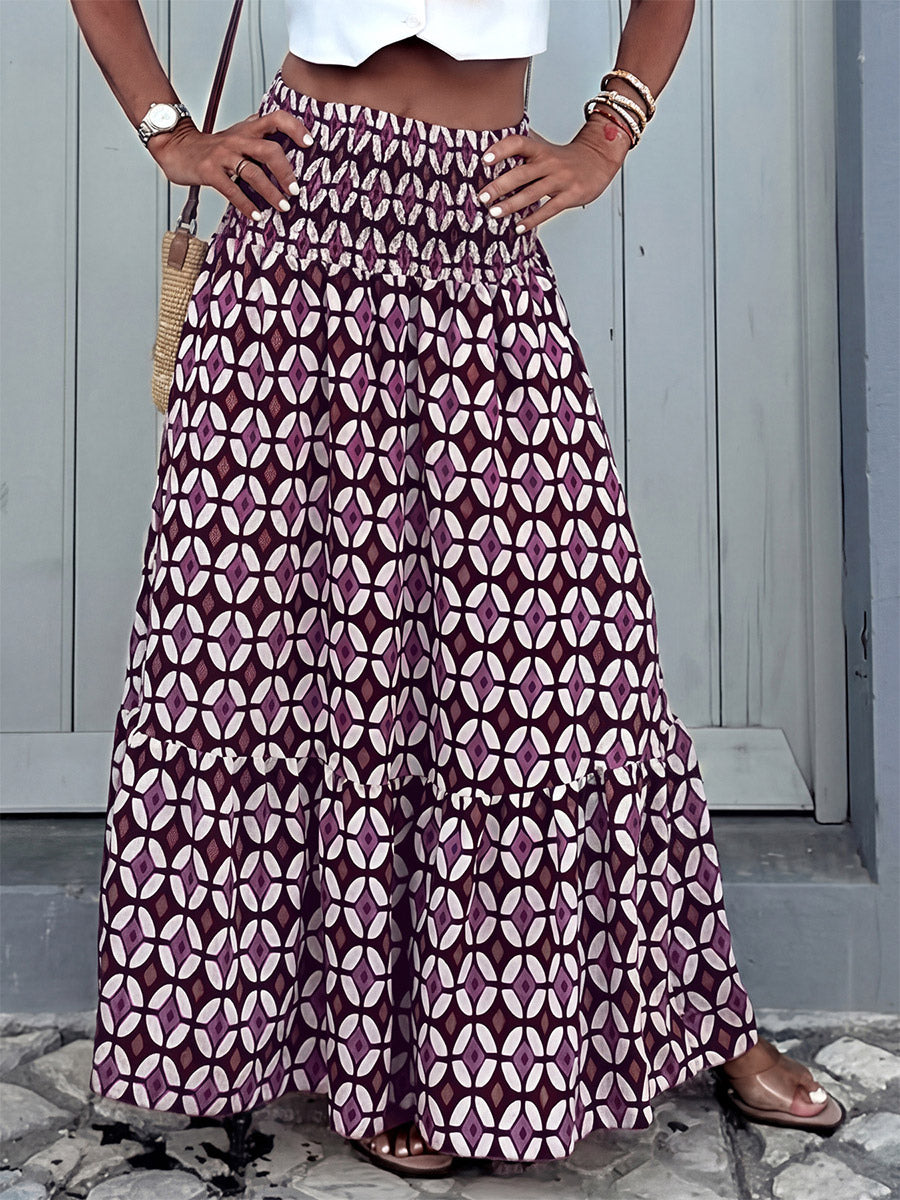 Women Boho Geometric Print Maxi Skirt Smocked High Waist Tiered Long Skirt