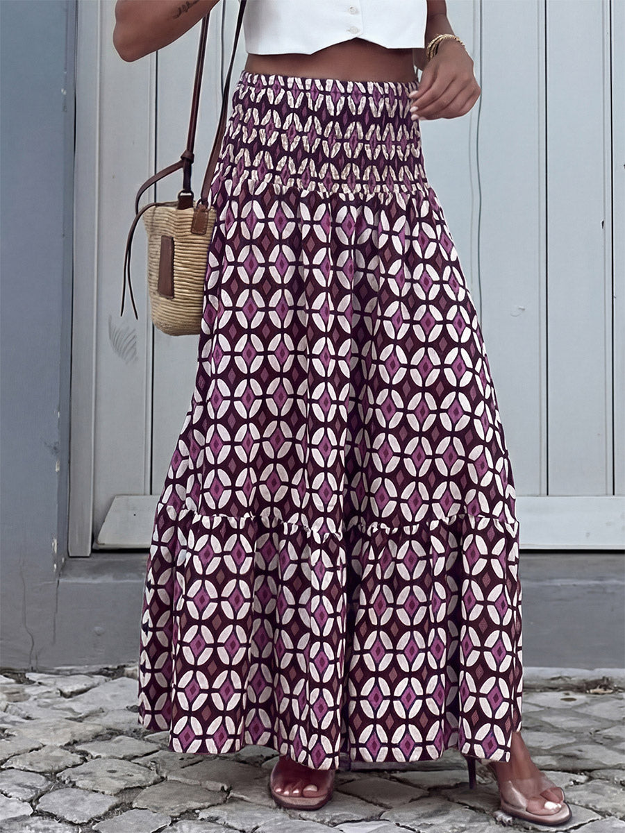 Women Boho Geometric Print Maxi Skirt Smocked High Waist Tiered Long Skirt