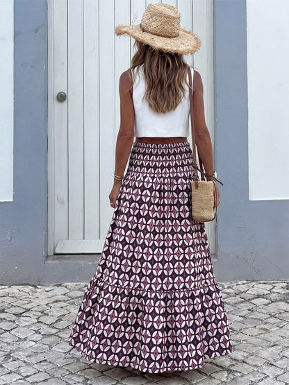 Women Boho Geometric Print Maxi Skirt Smocked High Waist Tiered Long Skirt