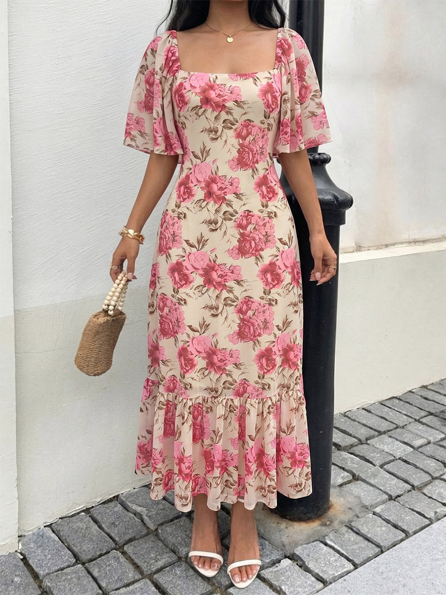 Vacation Beach Sundress Pink Rose Floral Square Neck Midi Flutter Sleeve Tie Waist Ruffle Hem Casual Summer Dress