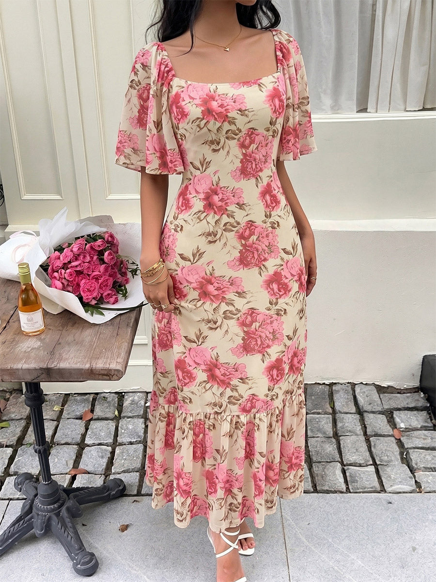 Vacation Beach Sundress Pink Rose Floral Square Neck Midi Flutter Sleeve Tie Waist Ruffle Hem Casual Summer Dress