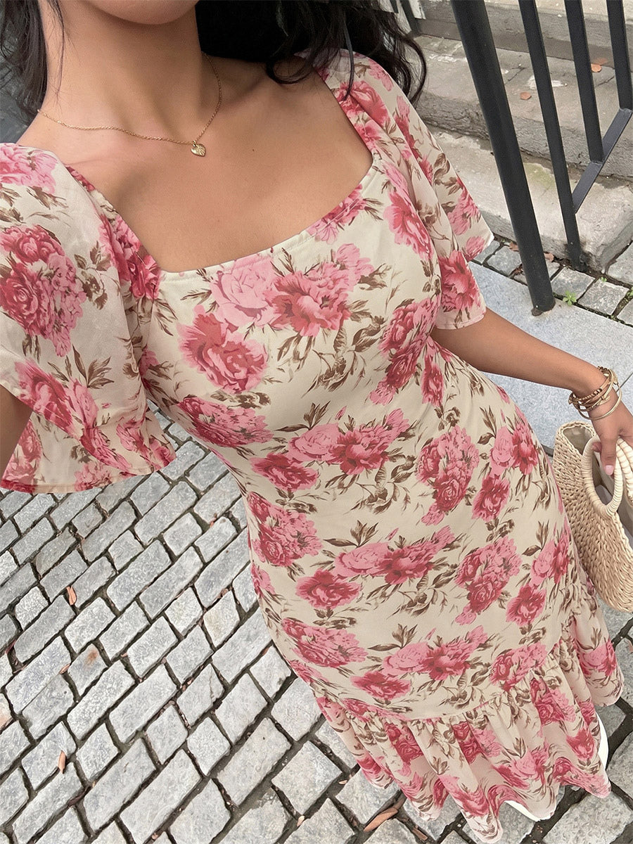 Vacation Beach Sundress Pink Rose Floral Square Neck Midi Flutter Sleeve Tie Waist Ruffle Hem Casual Summer Dress