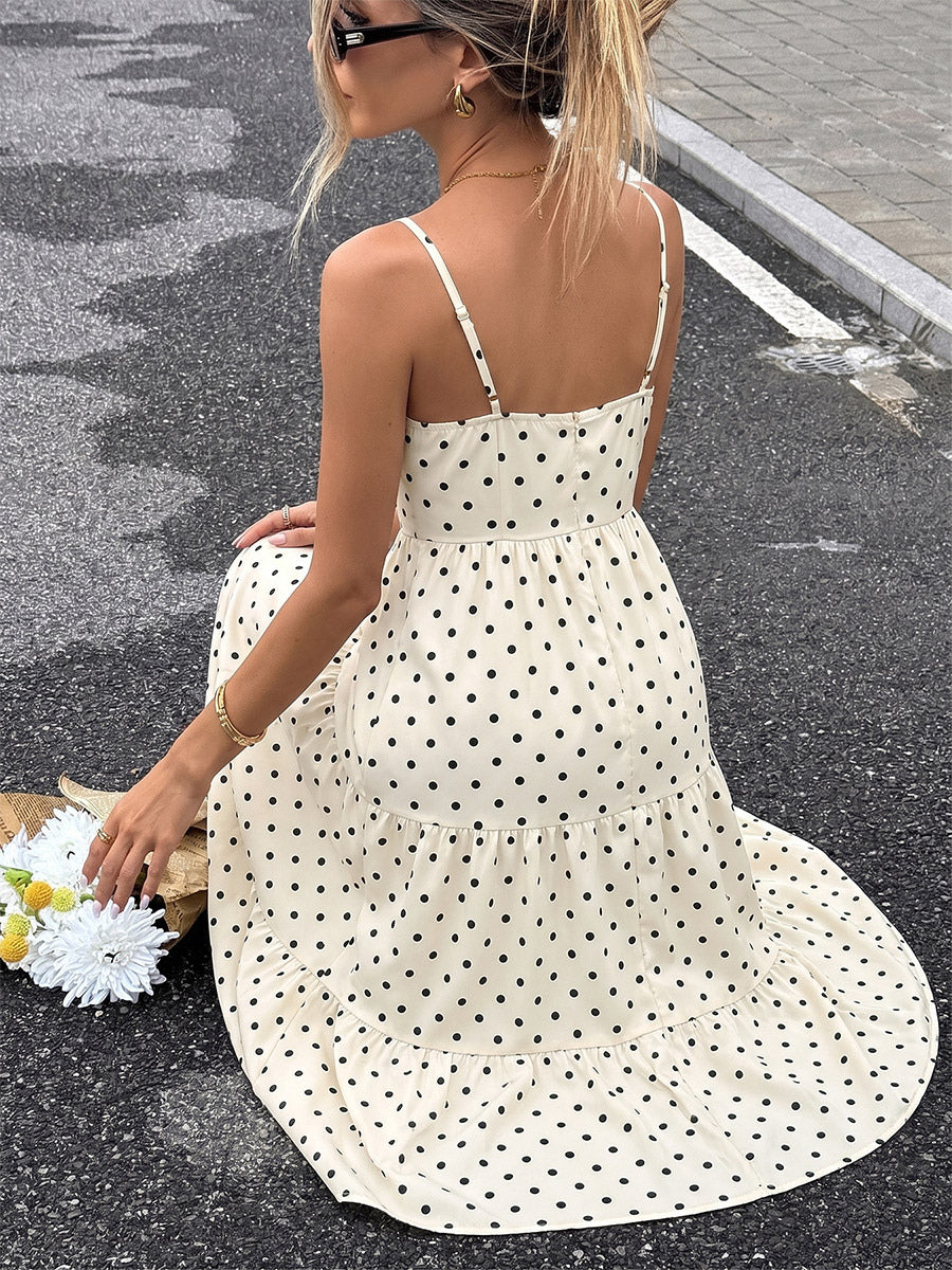 Vacation Casual Sundress Cream Polka Dot Cami Maxi Front Knot Flowy Summer Dress