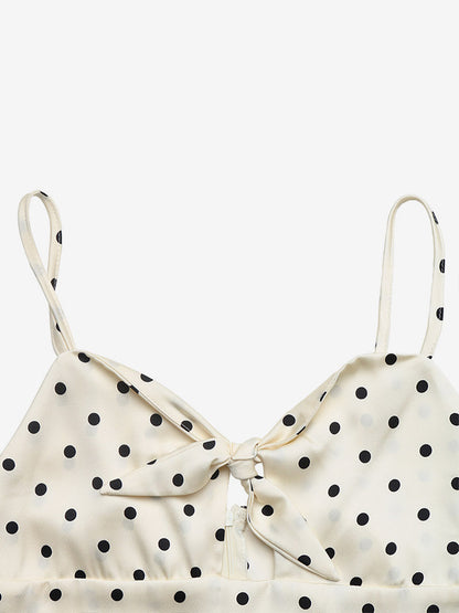 Vacation Casual Sundress Cream Polka Dot Cami Maxi Front Knot Flowy Summer Dress