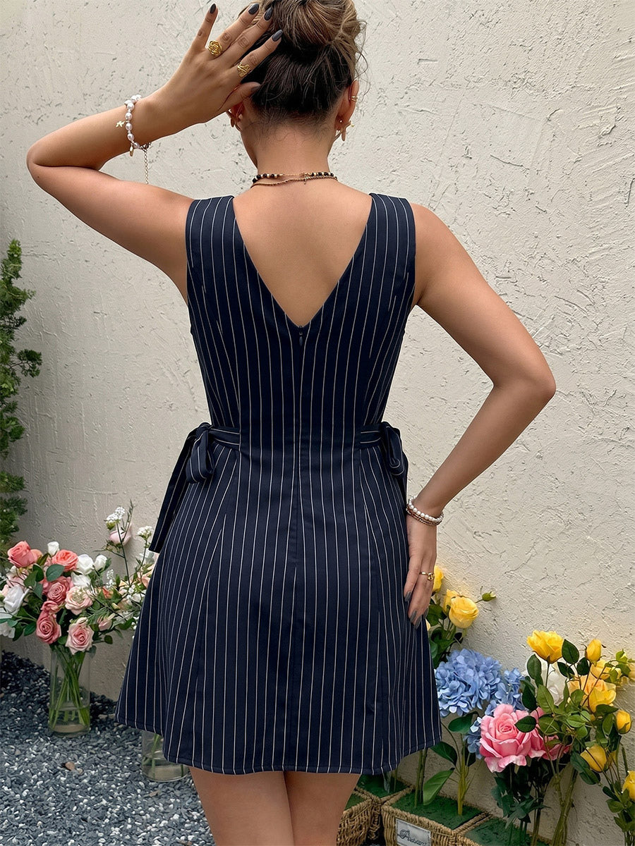 Date Night Dresses Navy Vertical Striped Waist Bow Summer Casual Mini Dress