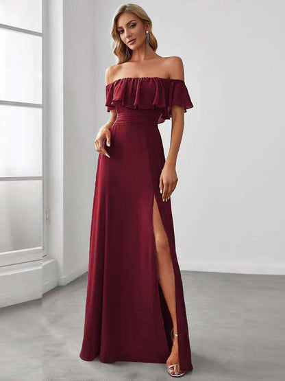 Party Dress Maxi Burgundy Off-The-Shoulder Sleeveless Shaping Elegant Semi Formal Dress