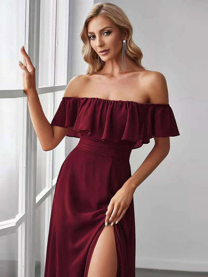 Party Dress Maxi Burgundy Off-The-Shoulder Sleeveless Shaping Elegant Semi Formal Dress