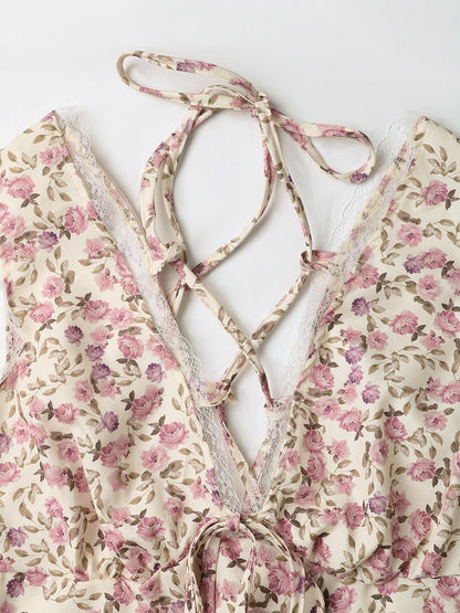 Vacation Floral Dress Printed Sleeveless Backless Lace-up V Neck Summer Dress