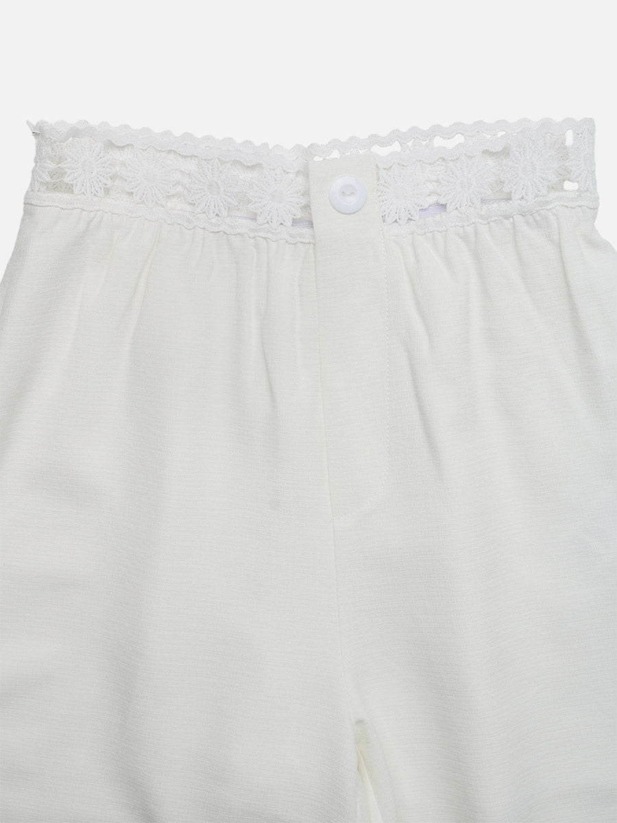 Women Lace Waist Wide Leg Pants Cream White Elastic High Waist Trousers