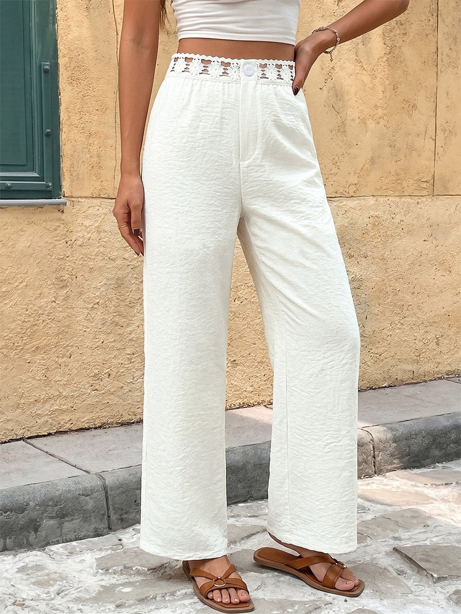 Women Lace Waist Wide Leg Pants Cream White Elastic High Waist Trousers