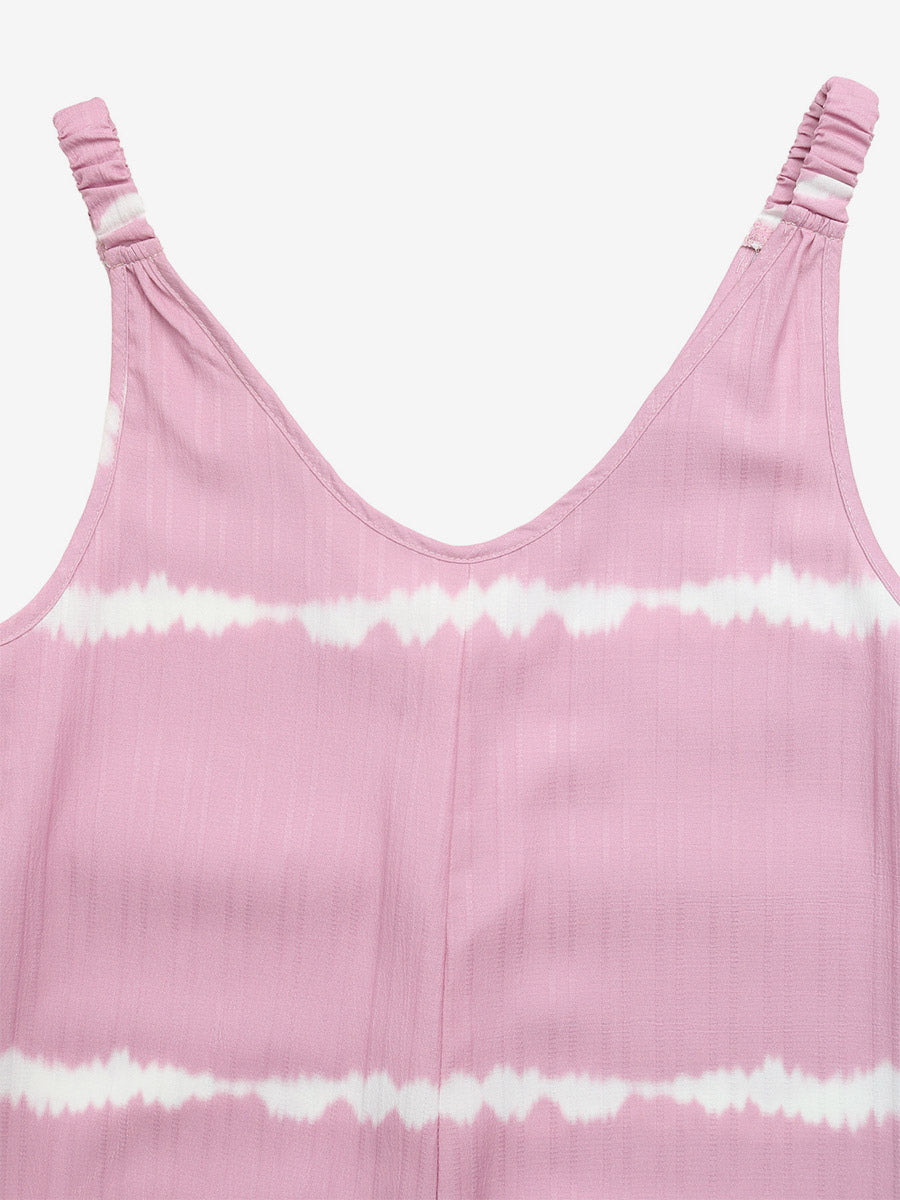 Soft Pink Horizontal Tie Dye Jumpsuit Sleeveless V Neck Straps High Waist Flow Wide Leg Vacation Playsuit