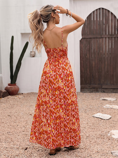 Vacation Dress Maxi Straps Cami Neck Sleeveless Bohemian Two-Tone Backless Floral Print Long Dress