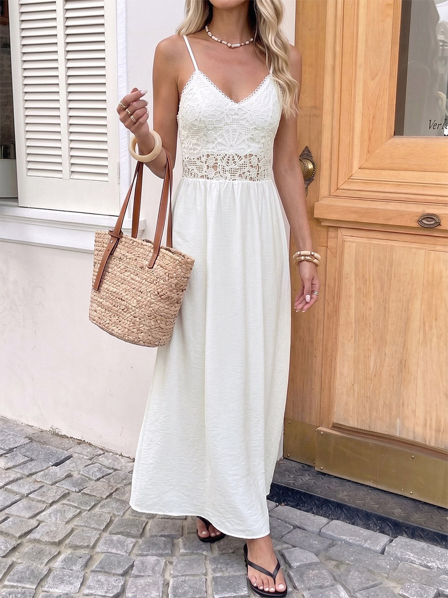Vacation Dress Boho White Lace Cami Maxi Hollow Waist Flowy Beach Long Sundress