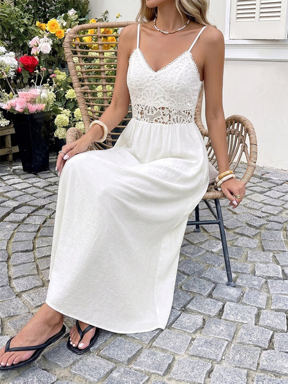 Vacation Dress Boho White Lace Cami Maxi Hollow Waist Flowy Beach Long Sundress