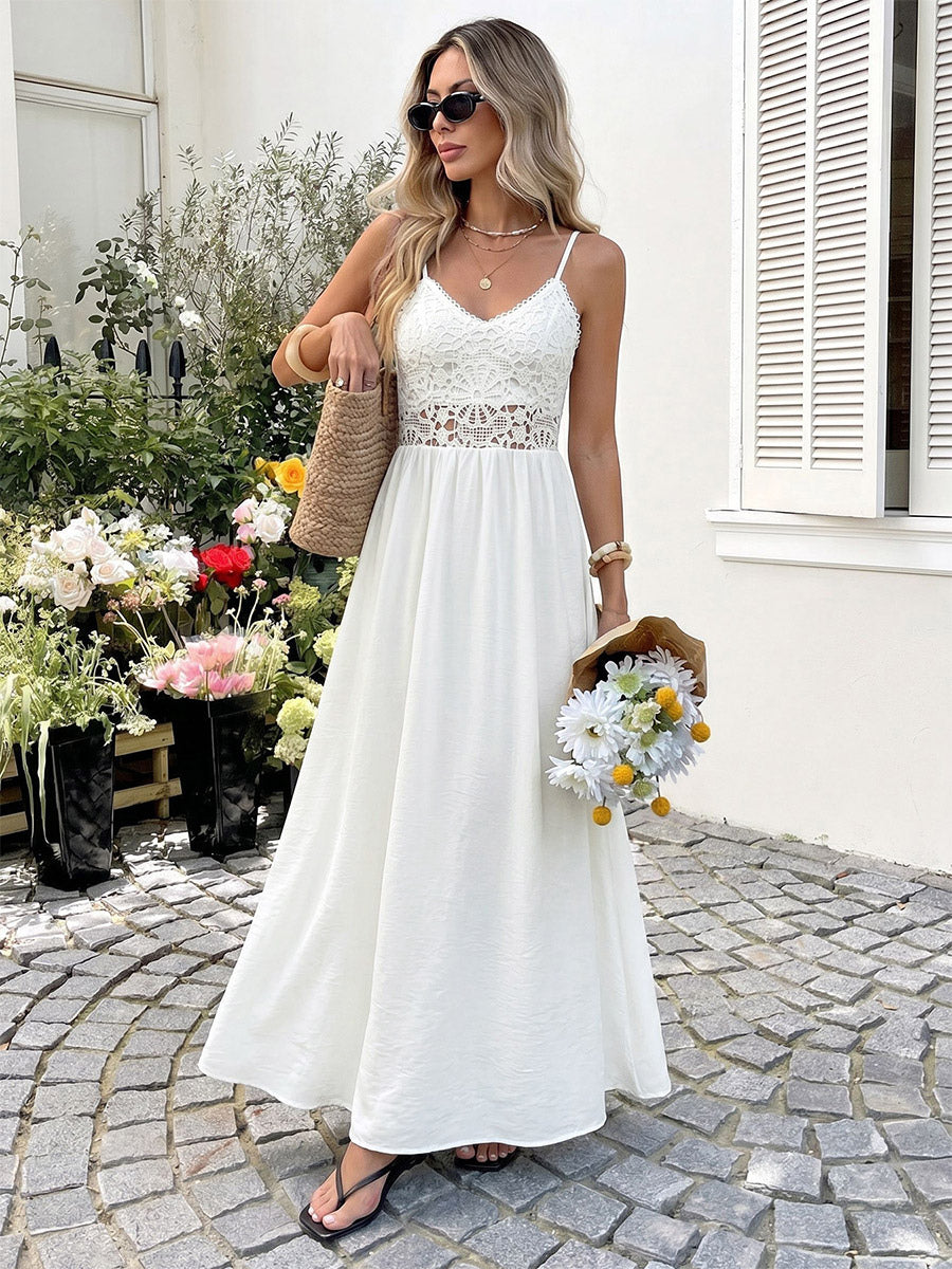 Vacation Dress Boho White Lace Cami Maxi Hollow Waist Flowy Beach Long Sundress