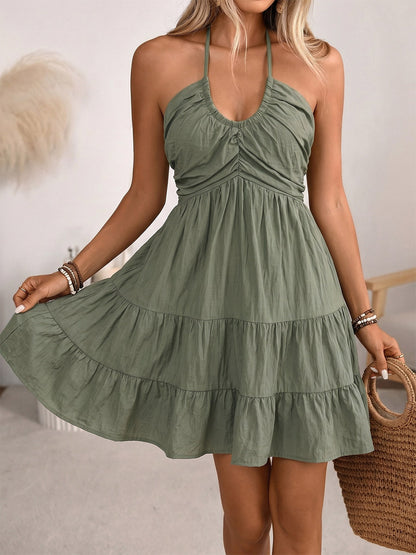 Vacation Dress Midi Lace Up Backless Halter Neck Tiered Ruffle Summer Beach Sundress
