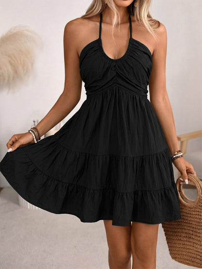 Vacation Dress Midi Lace Up Backless Halter Neck Tiered Ruffle Summer Beach Sundress