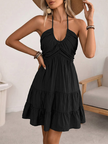 Vacation Dress Midi Lace Up Backless Halter Neck Tiered Ruffle Summer Beach Sundress