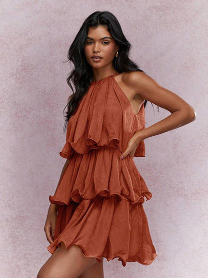 Daily Dresses Mini Orange Red Tiered Sleeveless Raised Waist Dress
