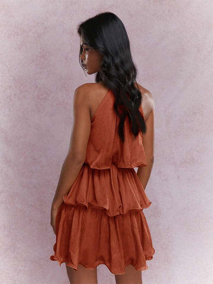 Daily Dresses Mini Orange Red Tiered Sleeveless Raised Waist Dress
