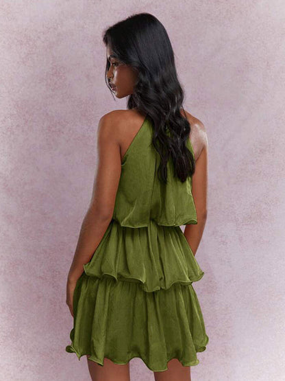 Daily Dresses Mini Orange Red Tiered Sleeveless Raised Waist Dress