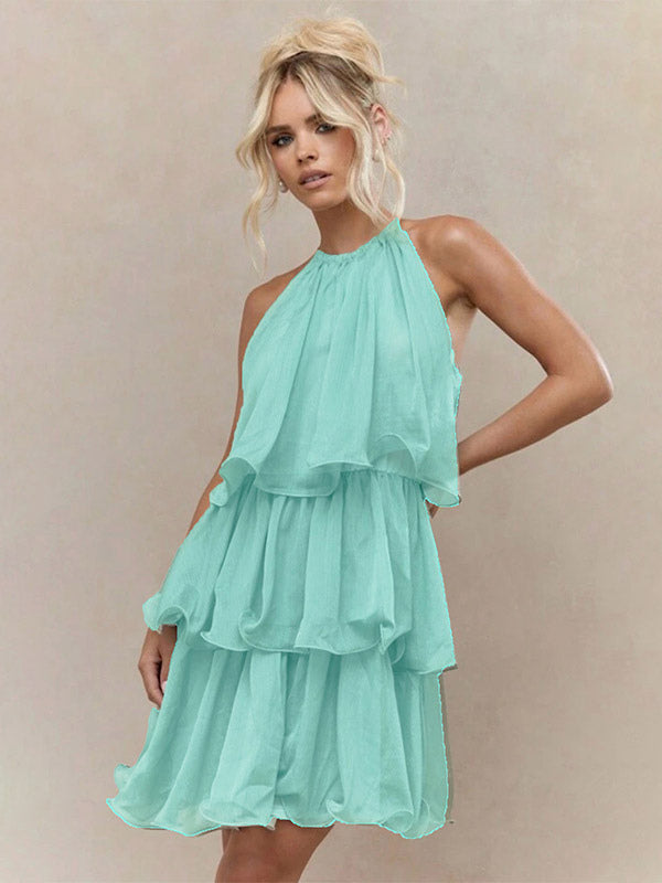 Daily Dresses Mini Orange Red Tiered Sleeveless Raised Waist Dress