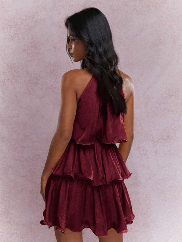 Daily Dresses Mini Orange Red Tiered Sleeveless Raised Waist Dress