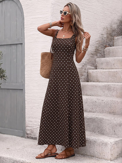 Vacation Sundress Brown Polka Dot Spaghetti Strap Maxi Women Flowy Swing Summer Dress