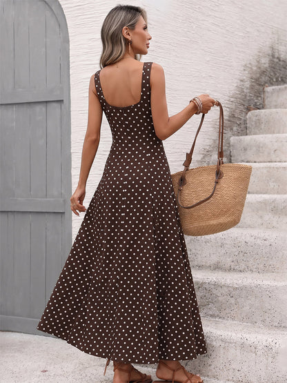 Vacation Sundress Brown Polka Dot Spaghetti Strap Maxi Women Flowy Swing Summer Dress