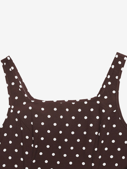 Vacation Sundress Brown Polka Dot Spaghetti Strap Maxi Women Flowy Swing Summer Dress