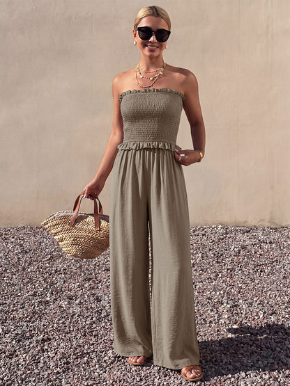 Solid Taupe Strapless Jumpsuit Ruffle Edge Smocked Bust Elastic High Waist Flow Wide Leg Casual Vacation Playsuit