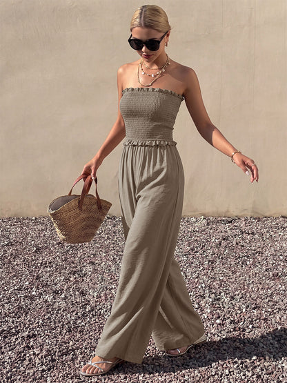 Solid Taupe Strapless Jumpsuit Ruffle Edge Smocked Bust Elastic High Waist Flow Wide Leg Casual Vacation Playsuit