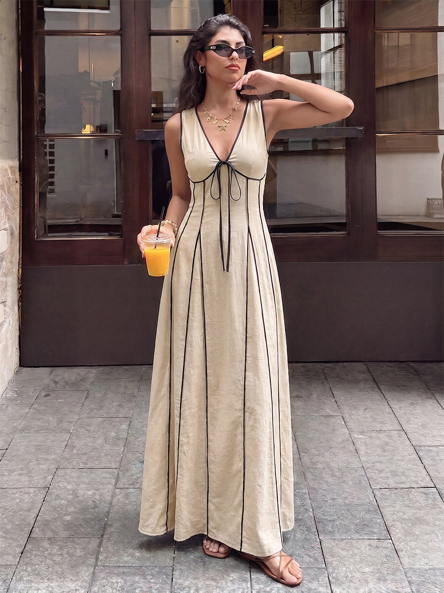Vacation Sundress Maxi Flowy V-Neck Sleeveless Chic Two-Tone Lace Up Long Dress