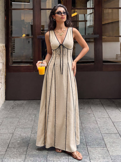 Vacation Sundress Maxi Flowy V-Neck Sleeveless Chic Two-Tone Lace Up Long Dress