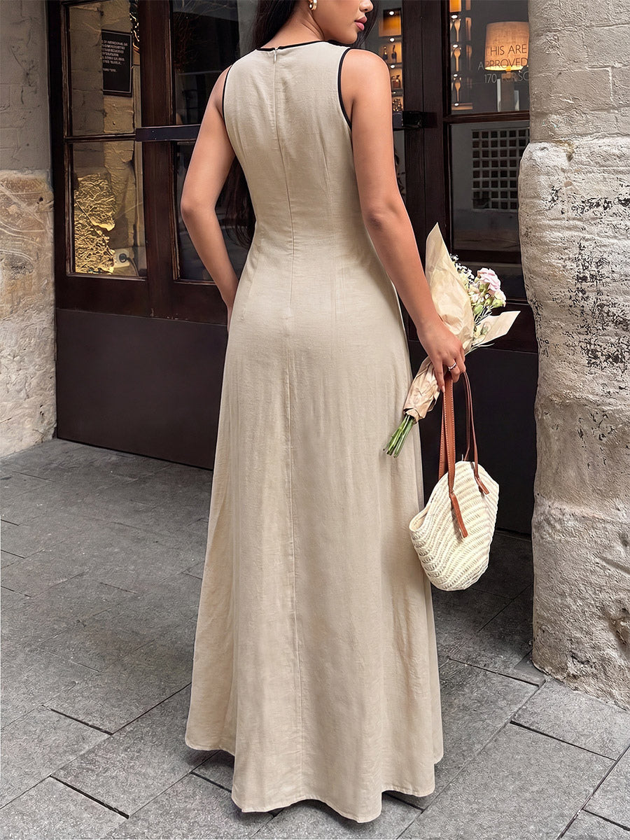 Vacation Sundress Maxi Flowy V-Neck Sleeveless Chic Two-Tone Lace Up Long Dress