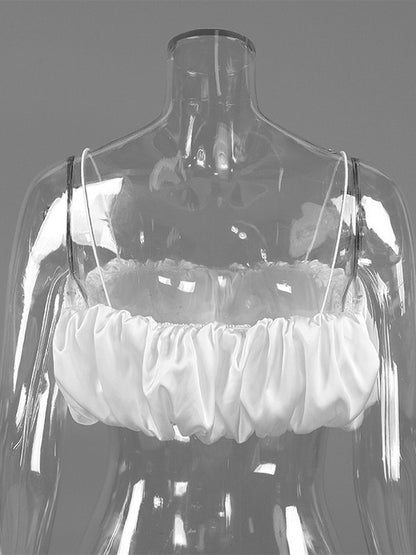 Multi Color Ruched Bubble Hem Satin Cami Strapless Spaghetti Strap Crop Top