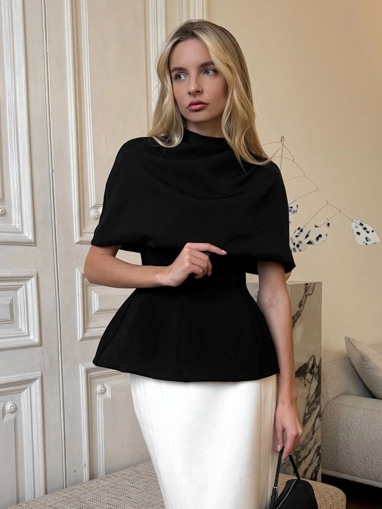 Draped Cowl Neck Cape Overlay Peplum Sleeveless Slim Formal Blouse Top
