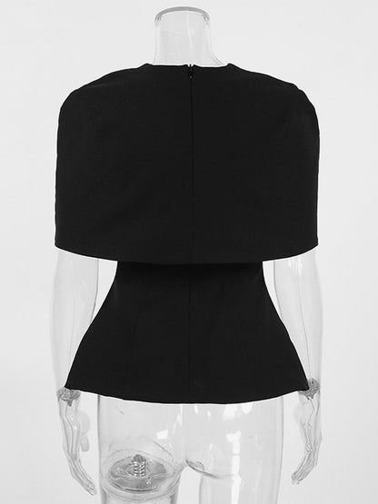 Draped Cowl Neck Cape Overlay Peplum Sleeveless Slim Formal Blouse Top