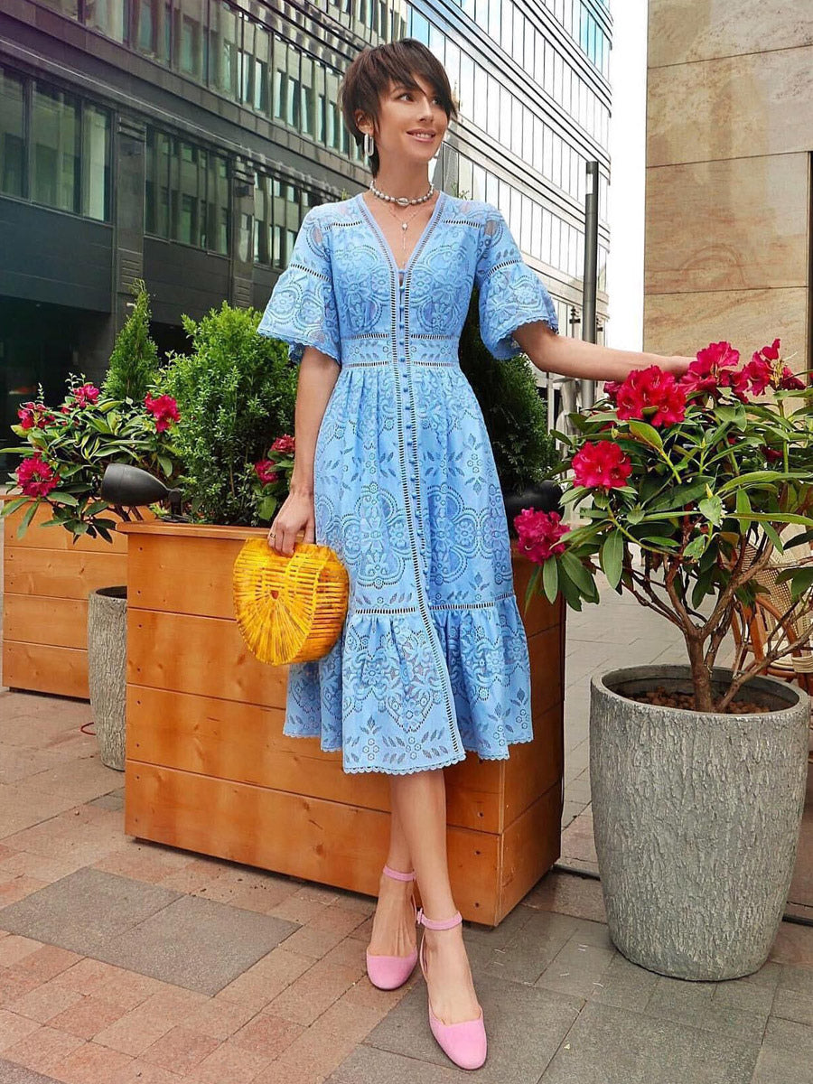 Vacation Dresses Maxi Shaping Lace Half Sleeves V-Neck Flared Sleeves Elegant Pink Dress