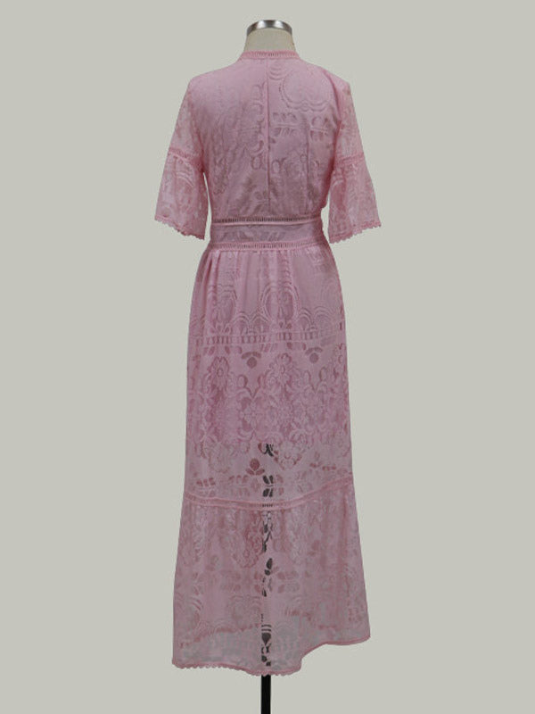 Vacation Dresses Maxi Shaping Lace Half Sleeves V-Neck Flared Sleeves Elegant Pink Dress