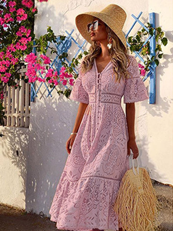 Vacation Dresses Maxi Shaping Lace Half Sleeves V-Neck Flared Sleeves Elegant Pink Dress