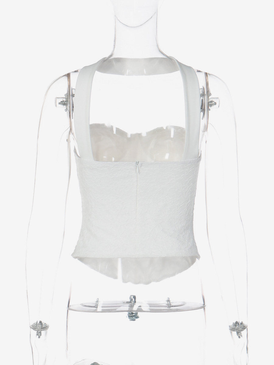 Halter Choker Sweetheart Lace Corset Top Sheer Mesh Boned Bustier Crop Top