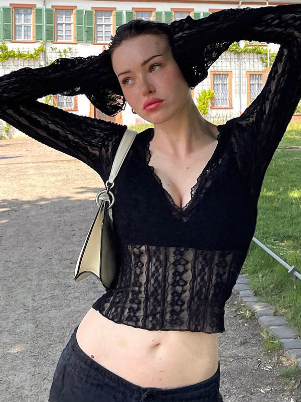 Deep V Scalloped Sheer Lace Flare Sleeve Slim Crop See Through Blouse