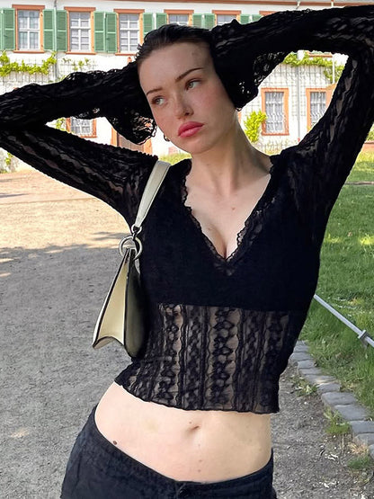 Deep V Scalloped Sheer Lace Flare Sleeve Slim Crop See Through Blouse