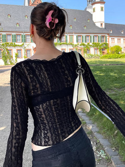 Deep V Scalloped Sheer Lace Flare Sleeve Slim Crop See Through Blouse